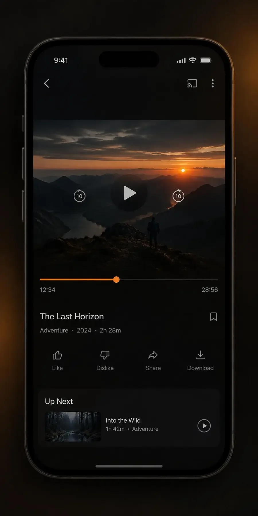 河马剧场 APP 夜间追光播放界面示意：暖橙护眼色温，关灯看剧不刺眼
